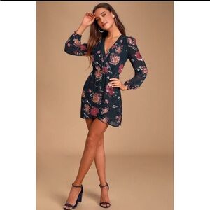 Navy Blue Floral Print Long Sleeve  Dress